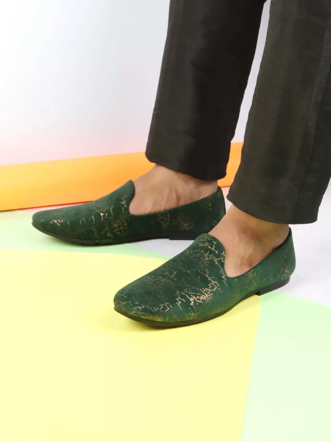 Men Olive Velvet Printed Design Ethnic Wedding Party Prom Slip On Loafer Shoes