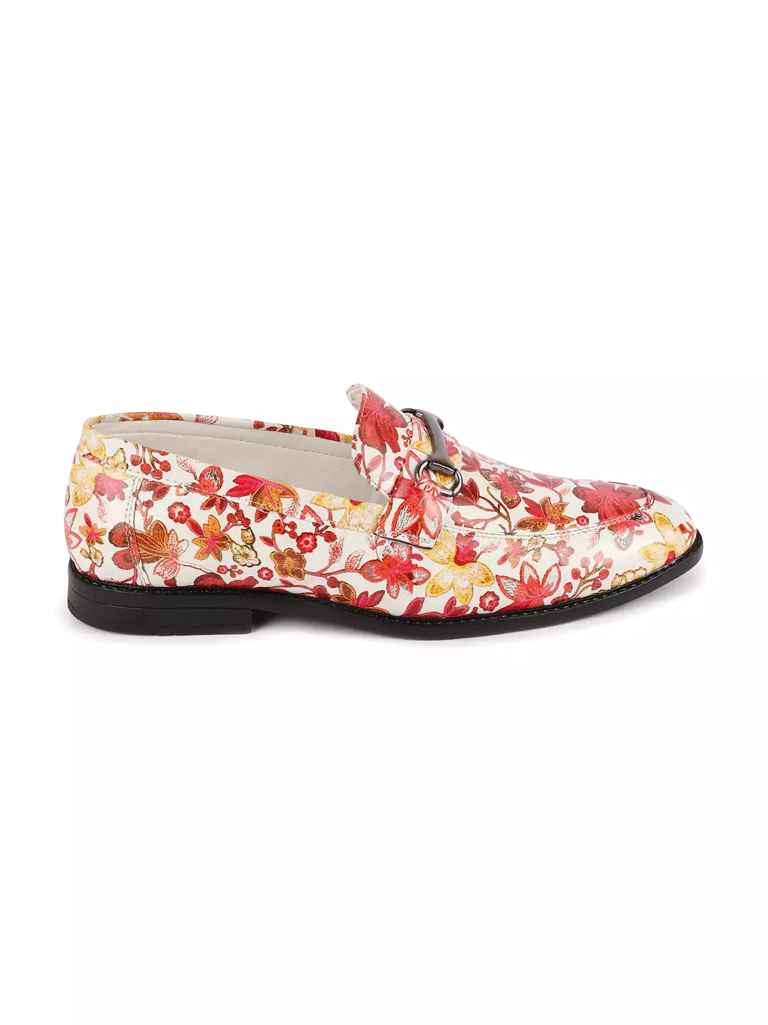 Men Red Floral Print Horsebit Buckle Weekend Wedding Evening Party Shoes Loafers