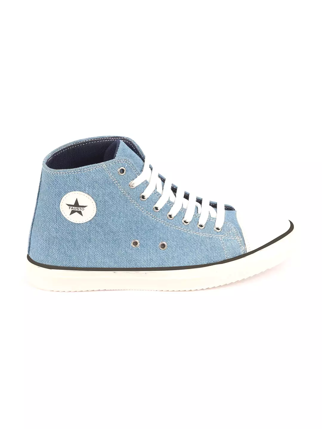 Men Sky Blue Mid Top Star Toe Cap Upper Denim 8-Eye Lace Up Canvas Sneakers Shoes