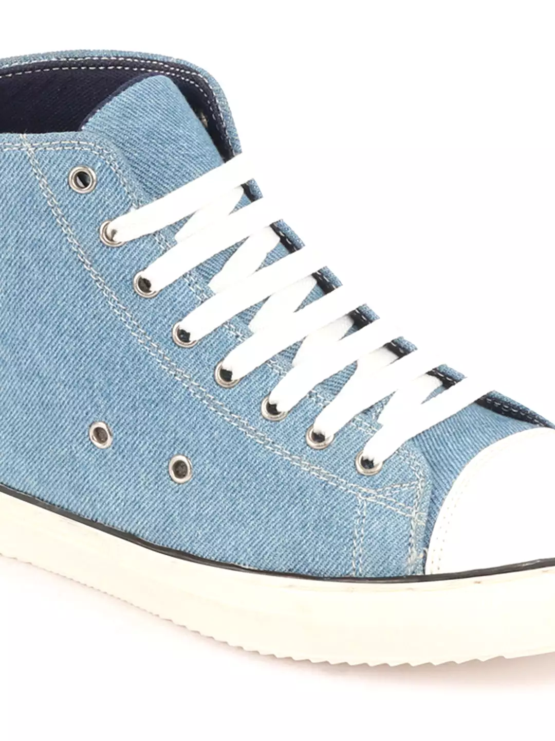 Men Sky Blue Mid Top Star Toe Cap Upper Denim 8-Eye Lace Up Canvas Sneakers Shoes