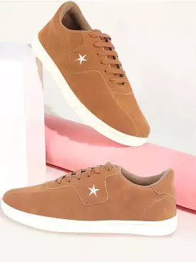 Men Tan Classic Embroidery Star Upper Soft Suede Leather Lace Up Sneakers Shoes