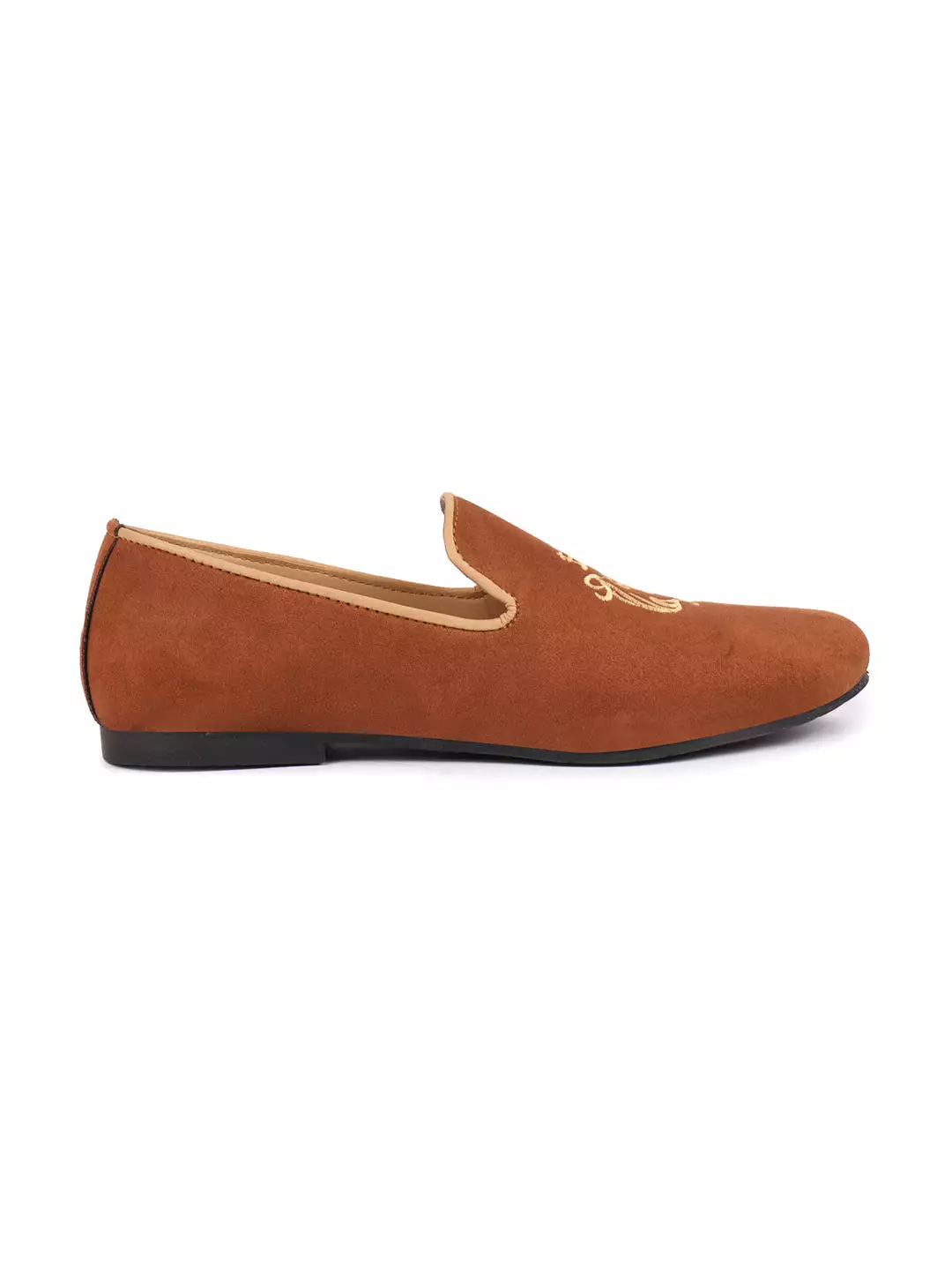 Men Tan Embroidered Velvet Slip On Loafers