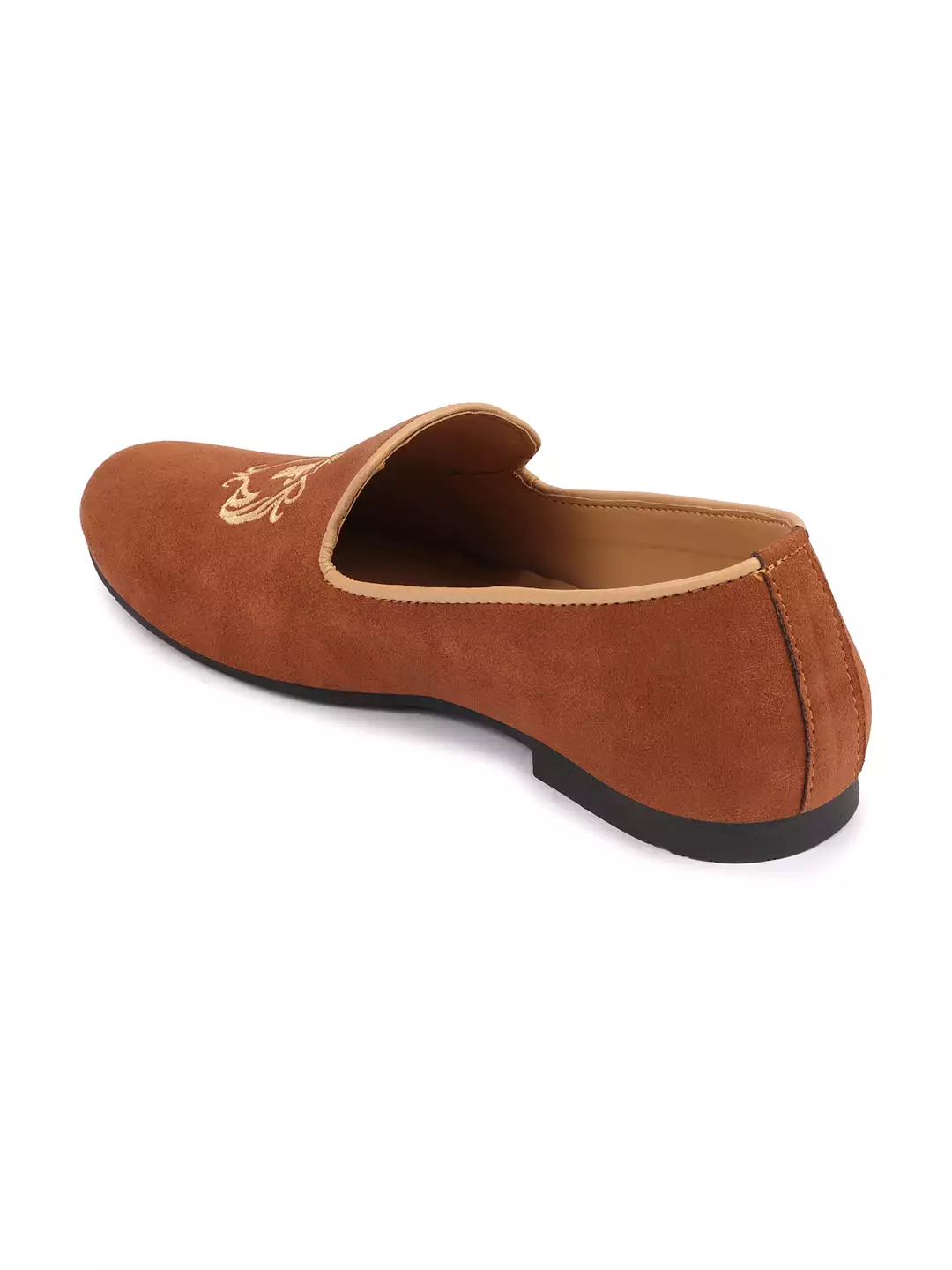 Men Tan Embroidered Velvet Slip On Loafers