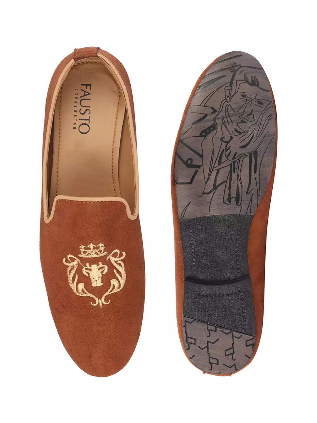 Men Tan Embroidered Velvet Slip On Loafers