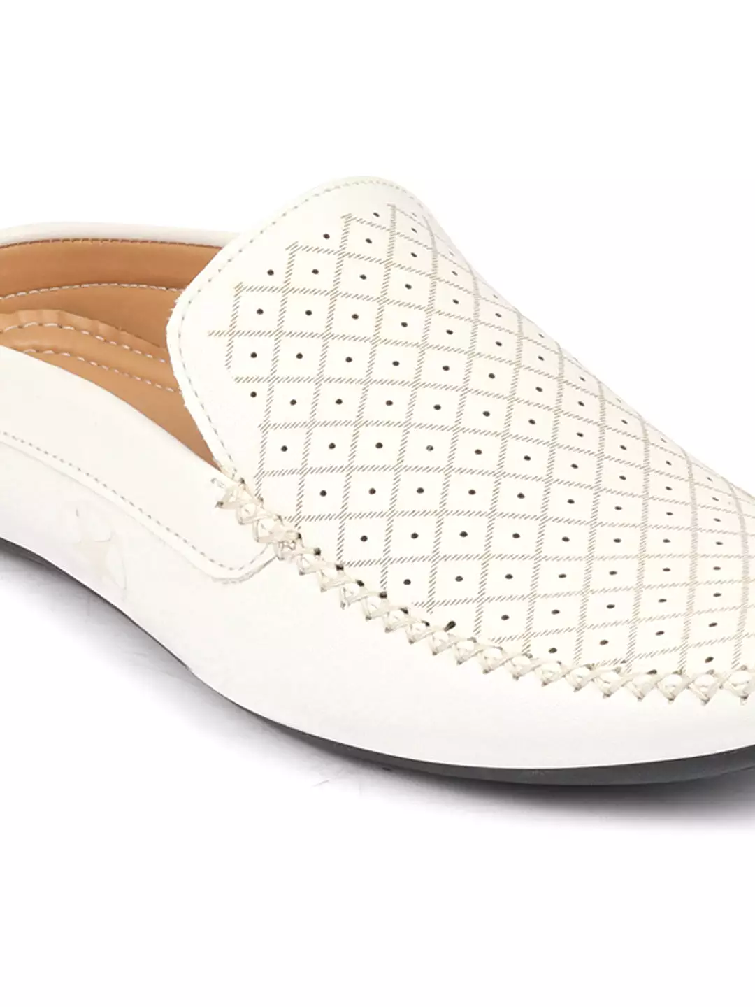 Men White Stitched Block Design Pattern Back Open Slip On Loafer Shoes