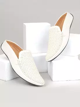 Men White Stitched Block Design Pattern Back Open Slip On Loafer Shoes