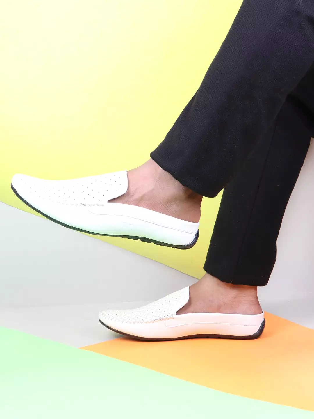 Men White Stitched Block Design Pattern Back Open Slip On Loafer Shoes