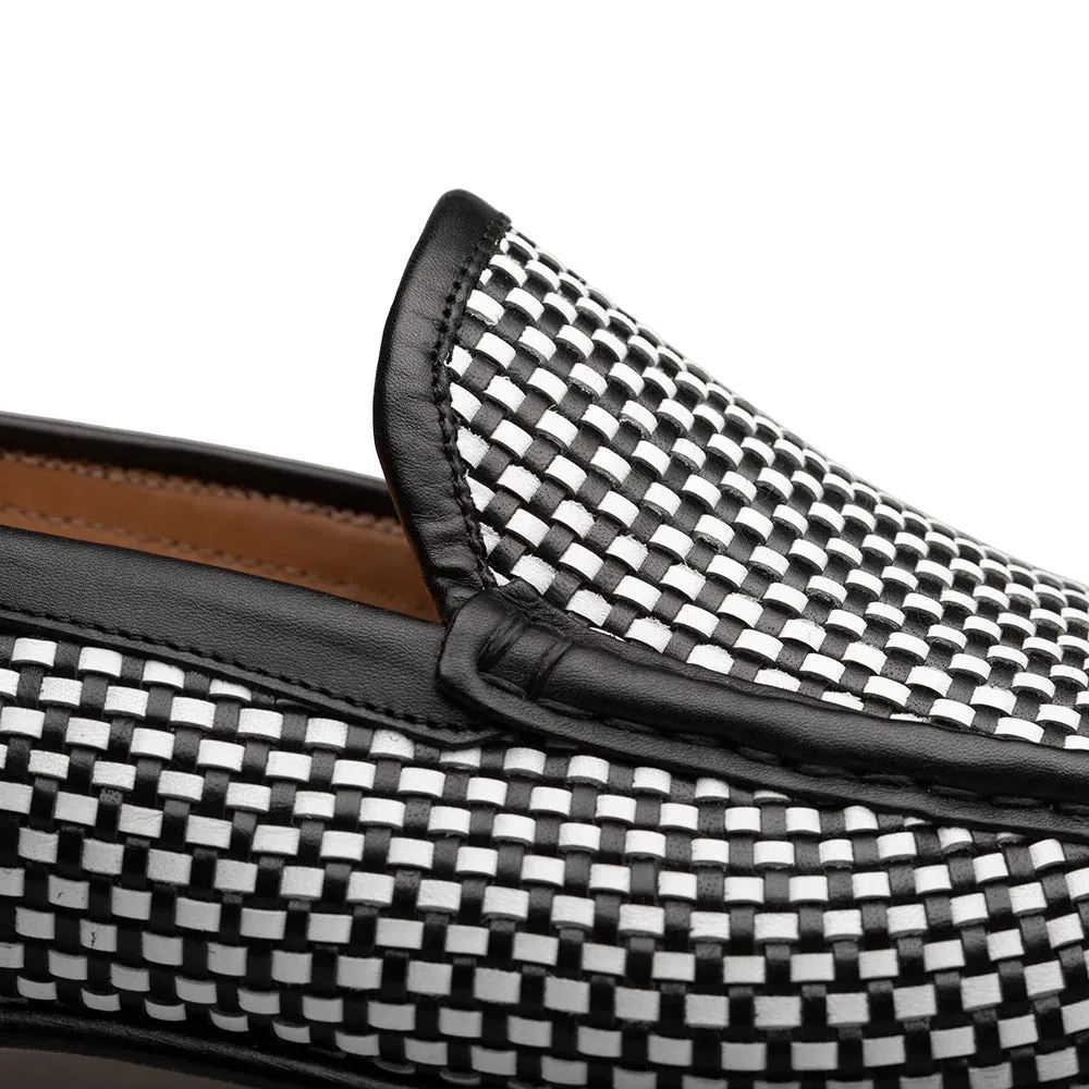 Mezlan R7387 Men's Shoes Black & White Woven Leather Slip-On Moccassin Loafers (MZ35679)