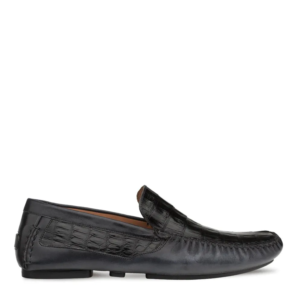 Mezlan RX7347-F Men's Shoes Black Exotic Crocodile / Calf-Skin Leather Driver Moccasin Loafers (MZ3469)