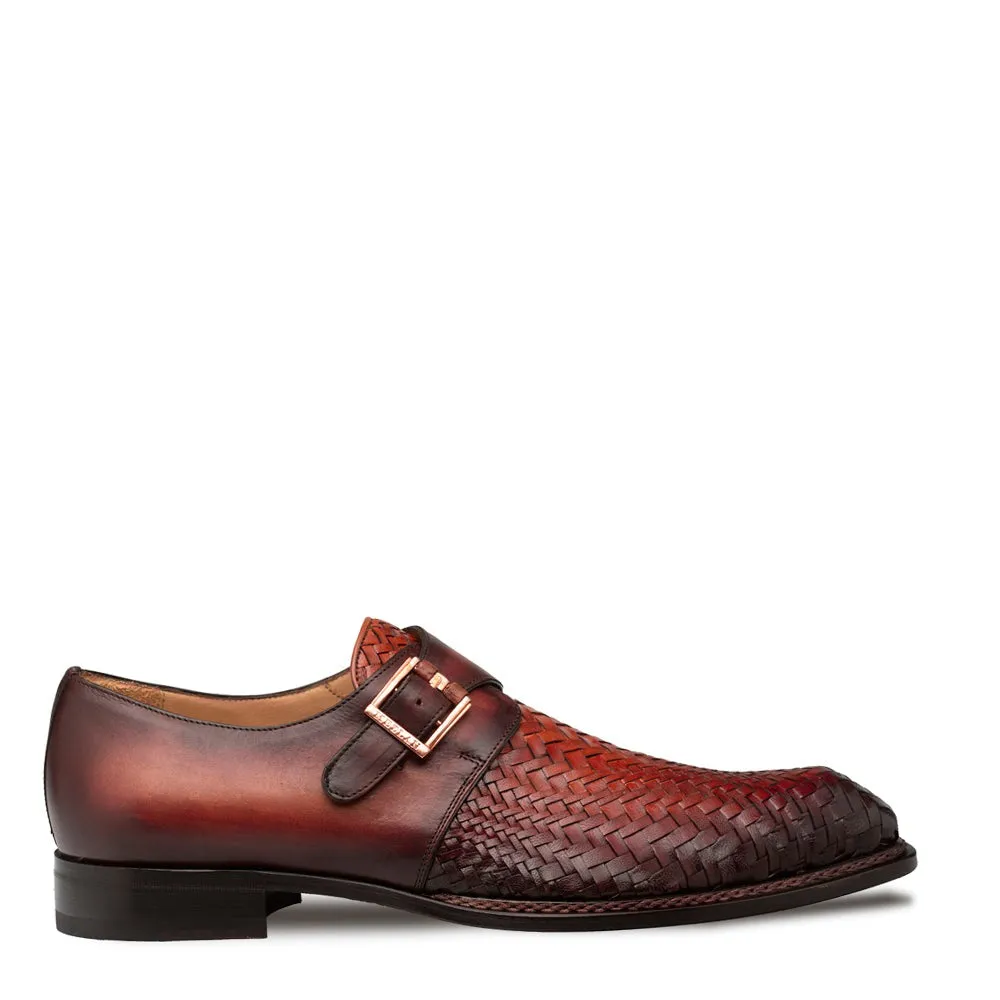 Mezlan Temi 21069 Men's Shoes Cognac & Rust Woven / Calf-Skin Leather Single Monk-Strap Loafers (MZ3741)