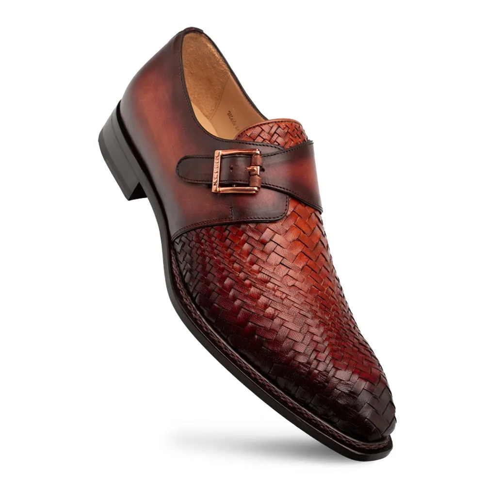 Mezlan Temi 21069 Men's Shoes Cognac & Rust Woven / Calf-Skin Leather Single Monk-Strap Loafers (MZ3741)