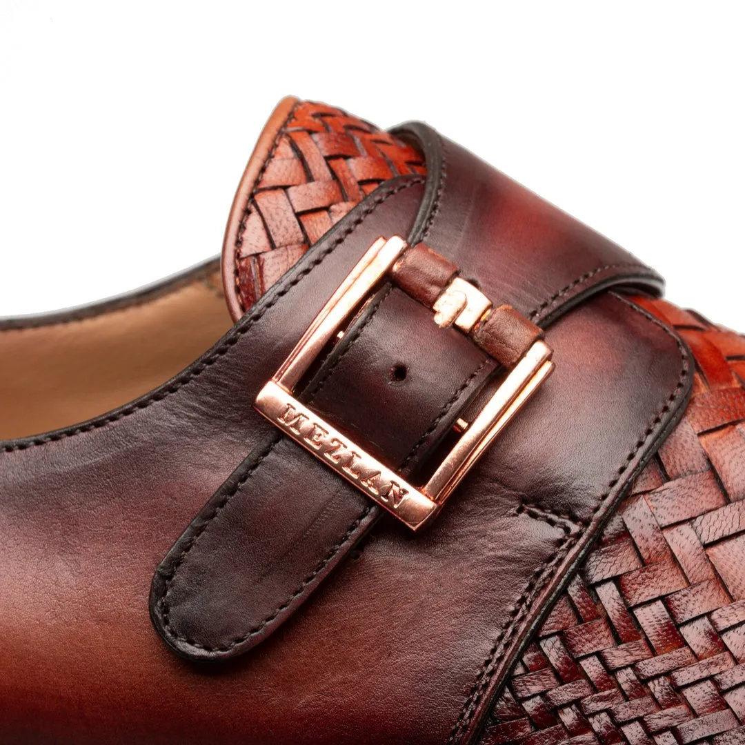 Mezlan Temi 21069 Men's Shoes Cognac & Rust Woven / Calf-Skin Leather Single Monk-Strap Loafers (MZ3741)