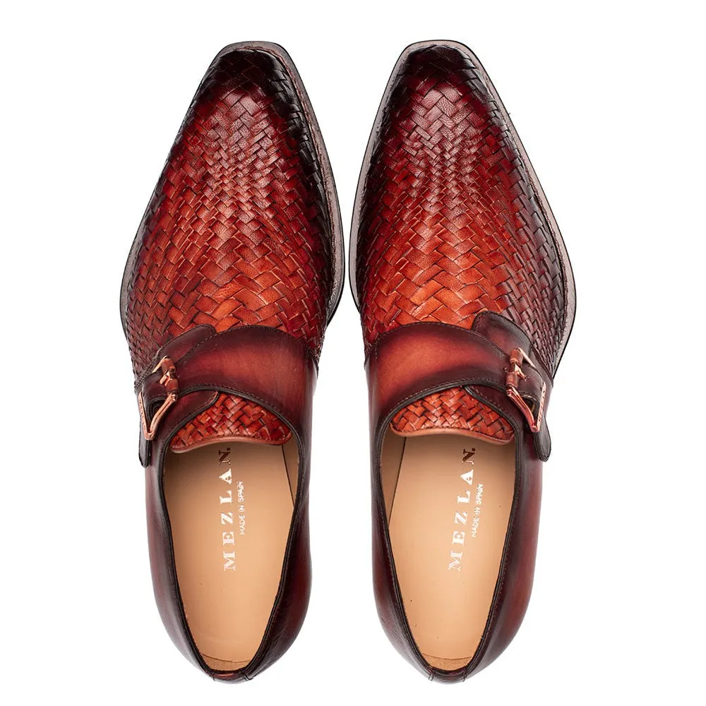 Mezlan Temi 21069 Men's Shoes Cognac & Rust Woven / Calf-Skin Leather Single Monk-Strap Loafers (MZ3741)