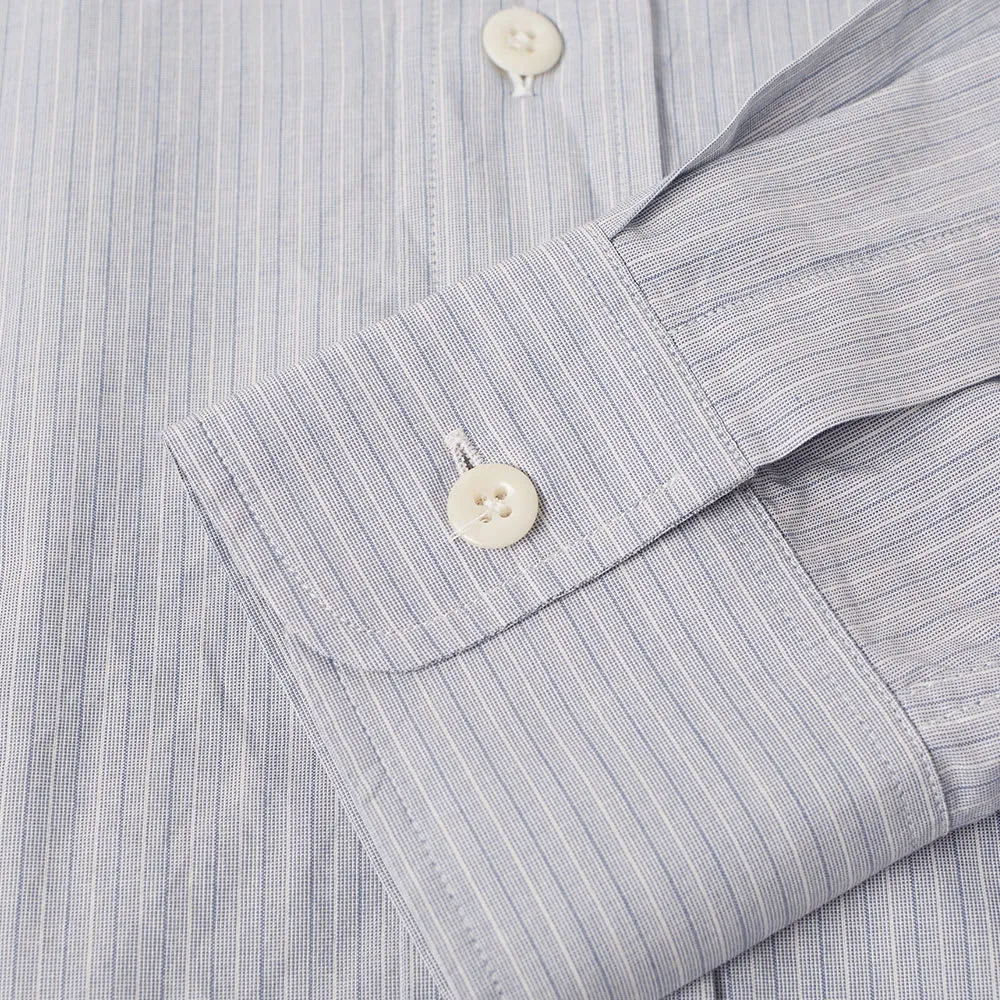 MHL. By Margaret Howell Collarless ShirtBlue & Ecru Stripe