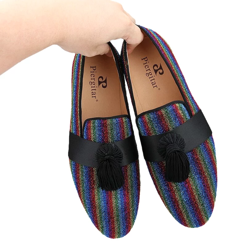 Multicolor Lurex Canvas Slippers Fringed Embellishments Handcrafted Men Loafers