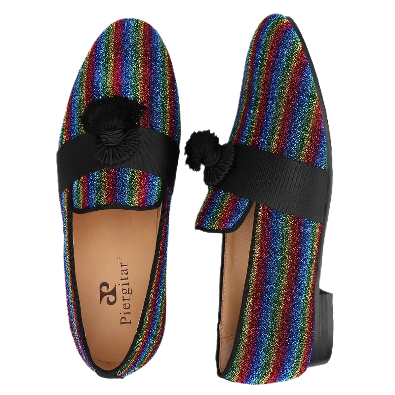 Multicolor Lurex Canvas Slippers Fringed Embellishments Handcrafted Men Loafers