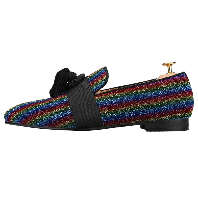 Multicolor Lurex Canvas Slippers Fringed Embellishments Handcrafted Men Loafers