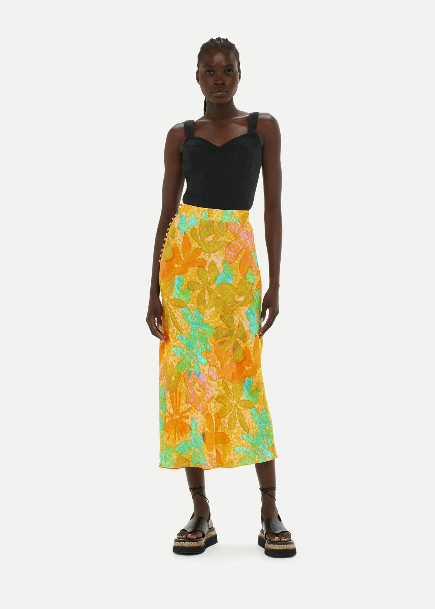 Multicolour Palm Floral Side Button Skirt