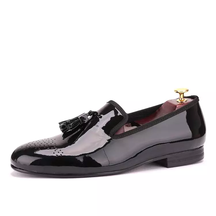 OneDrop Handmade Black Patent Leather Men Shoes With Tassel Party Wedding Prom Loafers