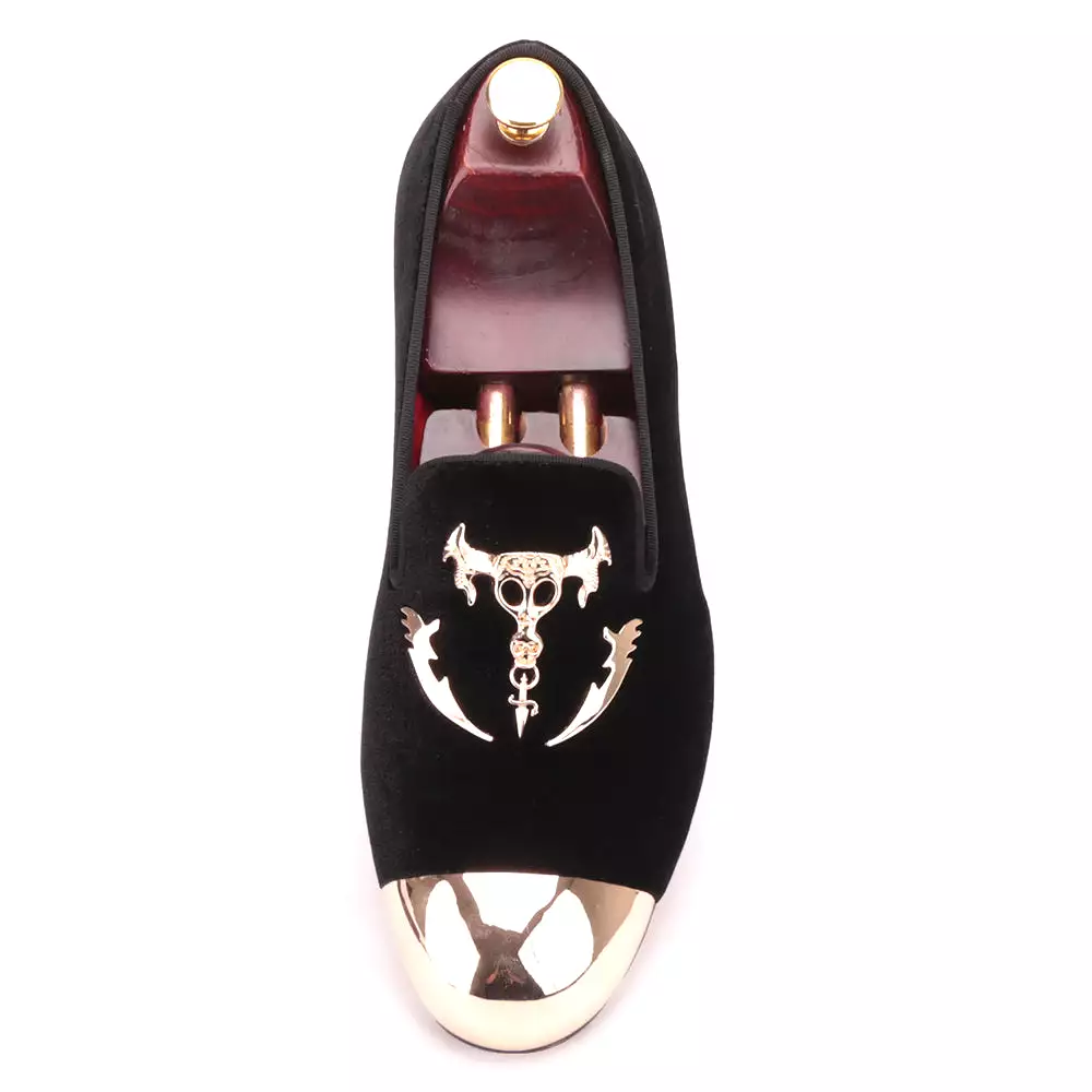 OneDrop Handmade Men Dress Shoes Black Velvet Skull Buckle Gold Toe Party Wedding Prom Loafers