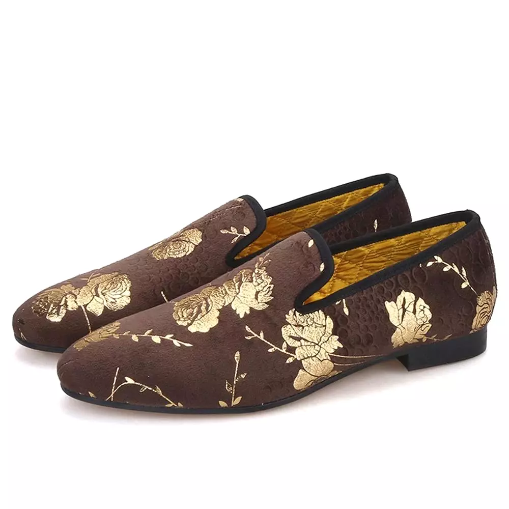 OneDrop Handmade Men Golden Flower Print Velvet Shoes Party Wedding Prom Loafers