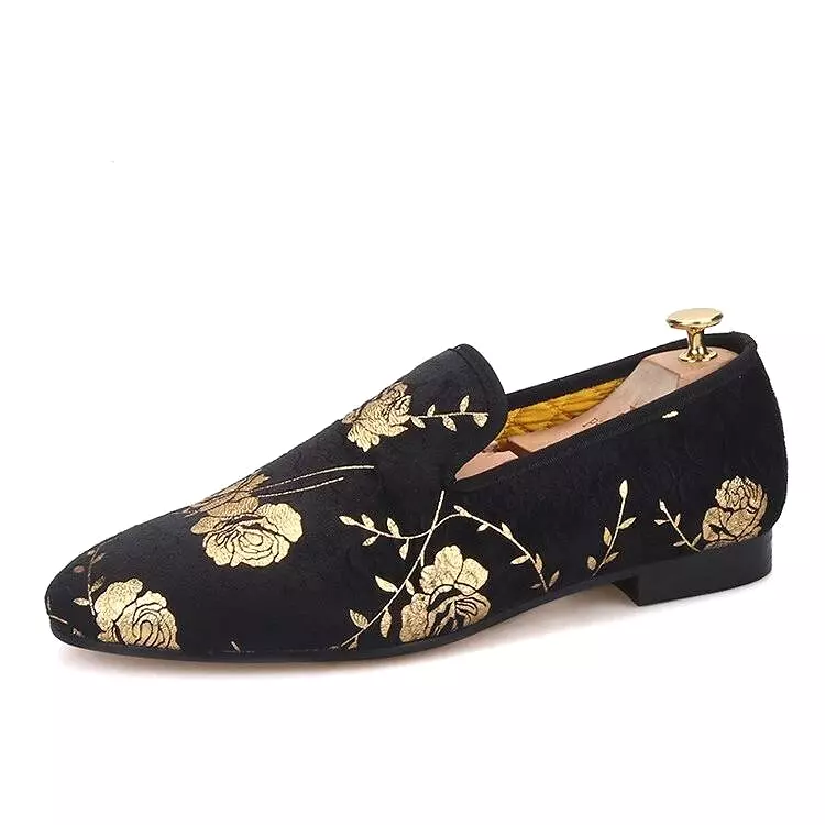 OneDrop Handmade Men Golden Flower Print Velvet Shoes Party Wedding Prom Loafers