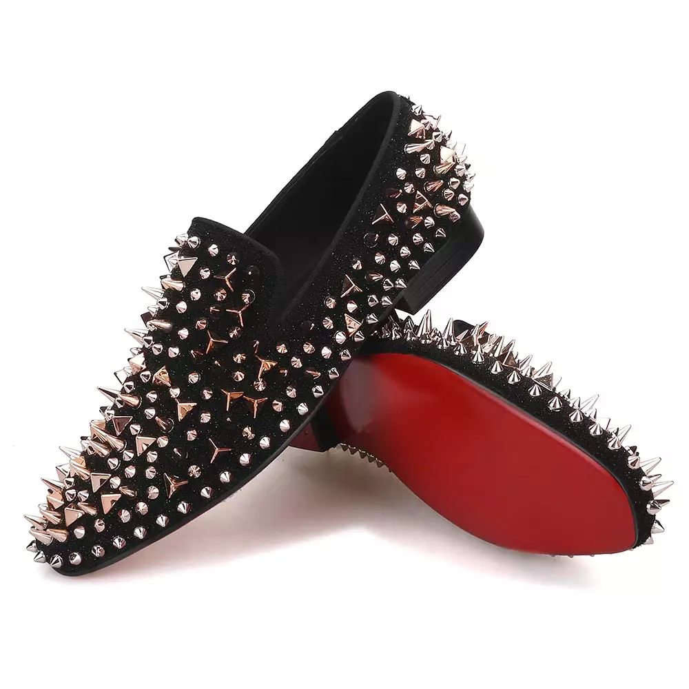 OneDrop Handmade Men Rose Gold Spiked Black Cow Leather Red Bottom Party Wedding Prom Loafers