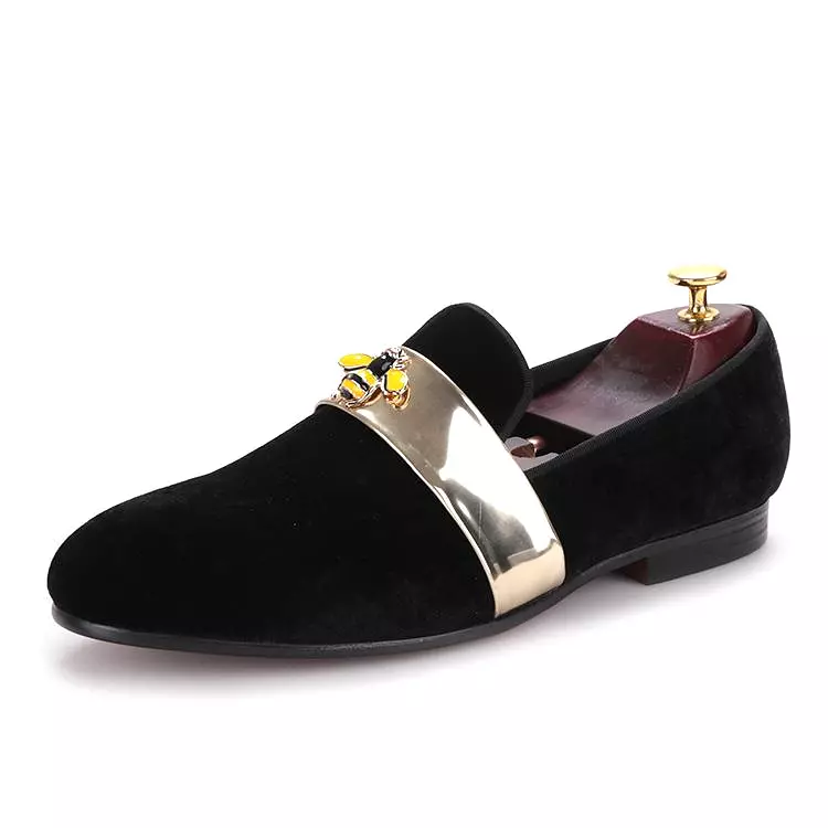 OneDrop Handmade Men Velvet Gold Patent Leather Bee Buckle Wedding Party Prom Loafers