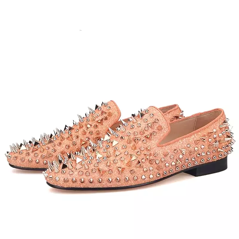 OneDrop Men Handmade Gold Spikes Red Bottom Party Wedding Banquet Prom Orange Loafers