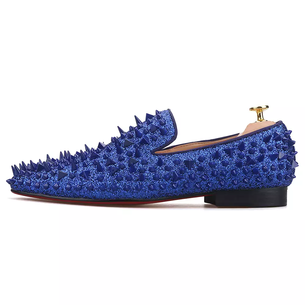 OneDrop Men Handmade Royal Blue Cow Leather Studded Dress Shoes Red Bottom Wedding Party Prom Loafers