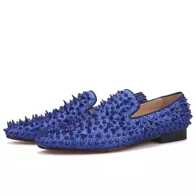 OneDrop Men Handmade Royal Blue Cow Leather Studded Dress Shoes Red Bottom Wedding Party Prom Loafers