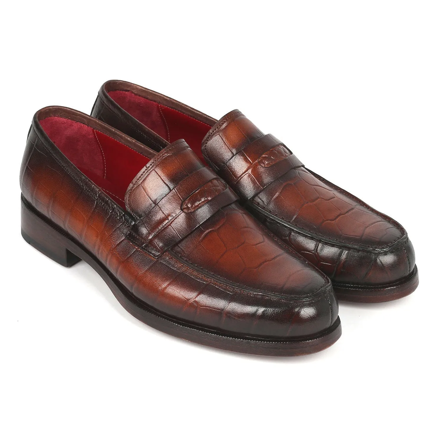 Paul Parkman 3857-BRW Men's Shoes Brown Crocodile Print Leather Penny Loafers (PM6336)