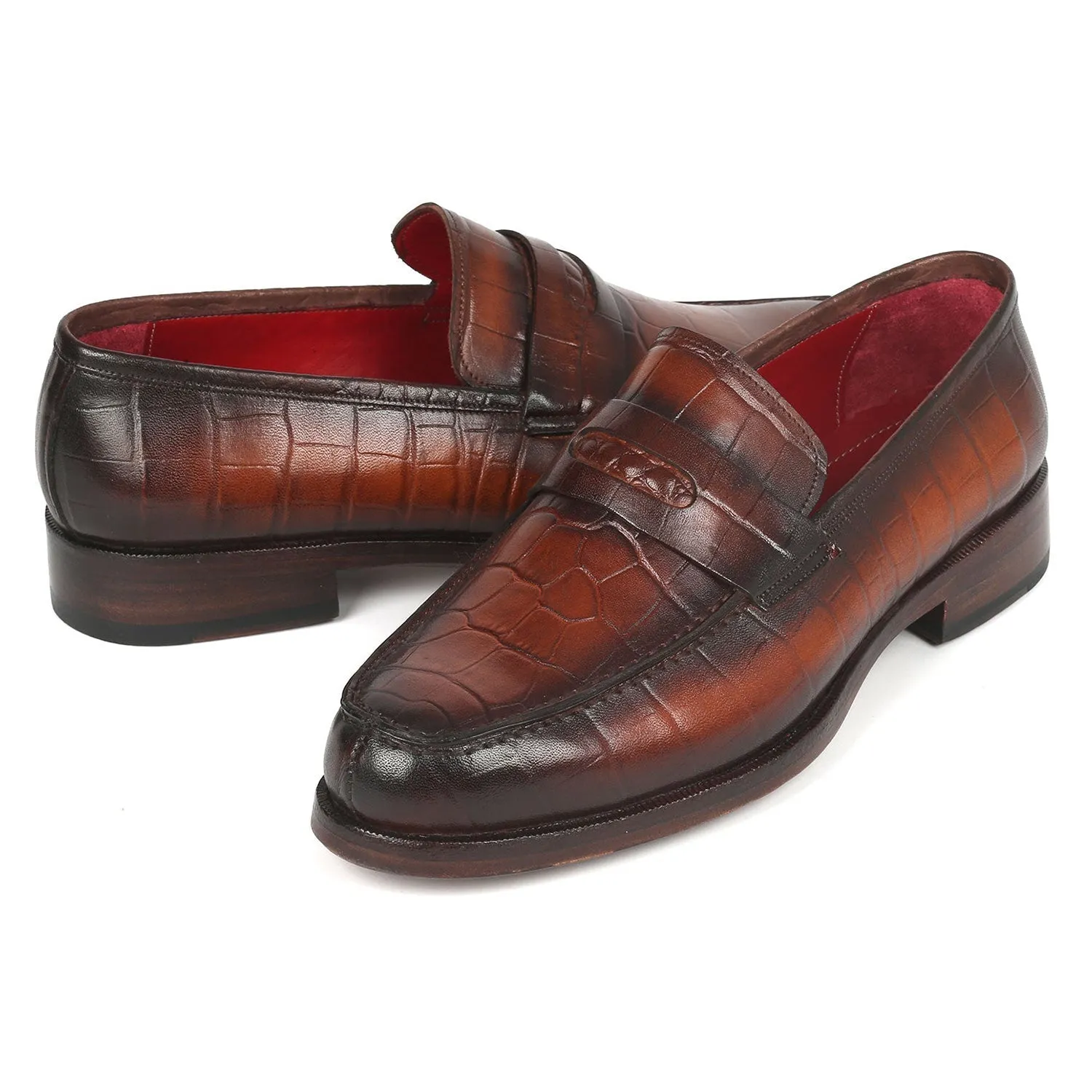 Paul Parkman 3857-BRW Men's Shoes Brown Crocodile Print Leather Penny Loafers (PM6336)