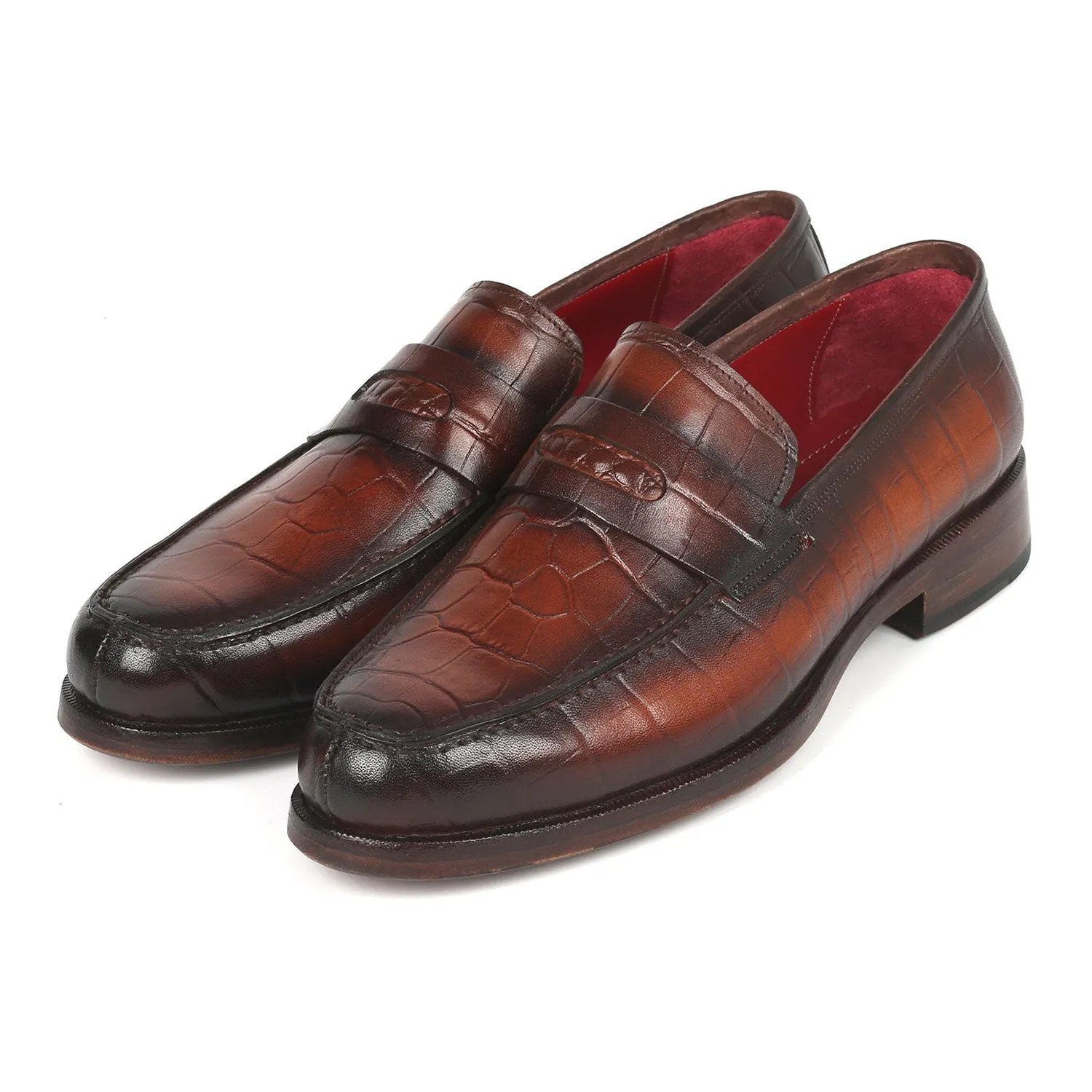 Paul Parkman 3857-BRW Men's Shoes Brown Crocodile Print Leather Penny Loafers (PM6336)