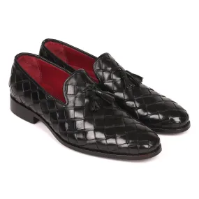 Paul Parkman Men's Designer Shoes Black Braided Calf-Skin Leather Tassels Loafers 6623-BLK (PM6206)