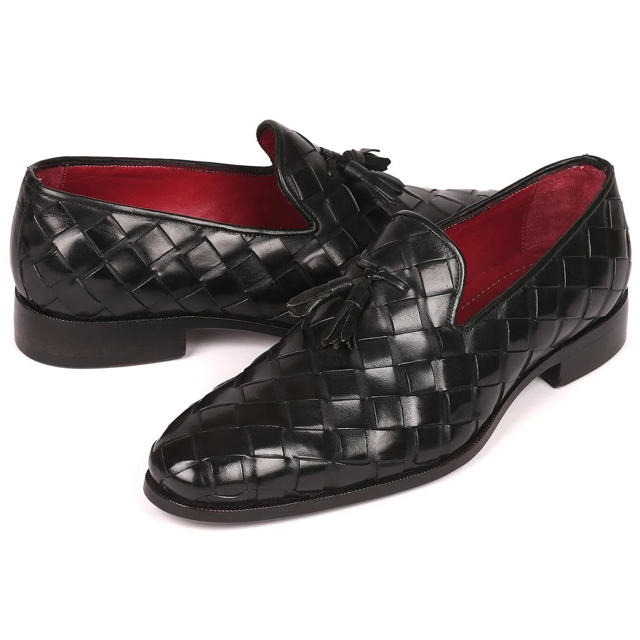 Paul Parkman Men's Designer Shoes Black Braided Calf-Skin Leather Tassels Loafers 6623-BLK (PM6206)