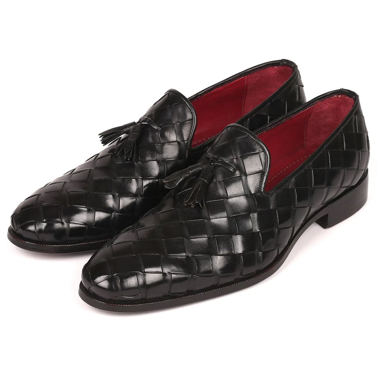 Paul Parkman Men's Designer Shoes Black Braided Calf-Skin Leather Tassels Loafers 6623-BLK (PM6206)