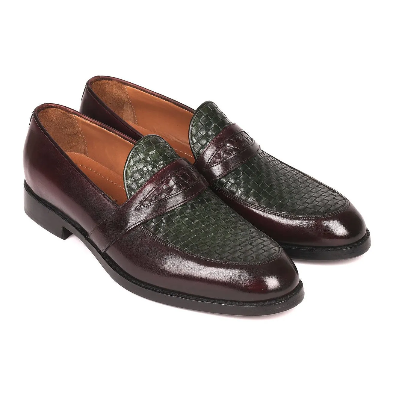 Paul Parkman Men's Shoes Green / Brown Woven & Calf-Skin Leather Slip-On Loafers 548LF832 (PM6208)