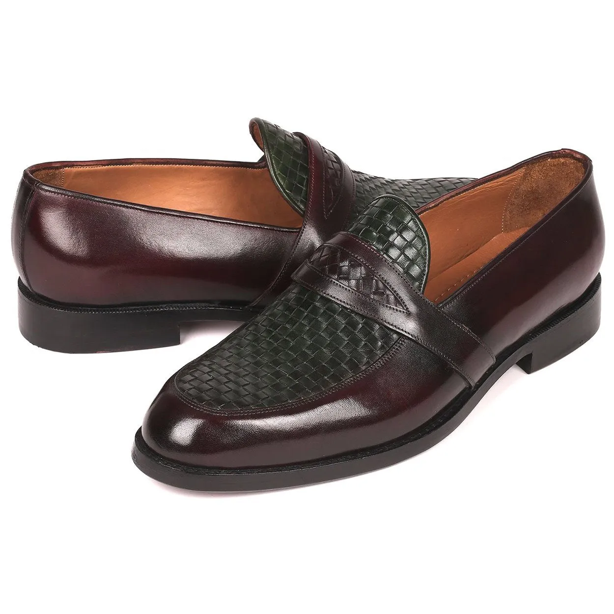 Paul Parkman Men's Shoes Green / Brown Woven & Calf-Skin Leather Slip-On Loafers 548LF832 (PM6208)