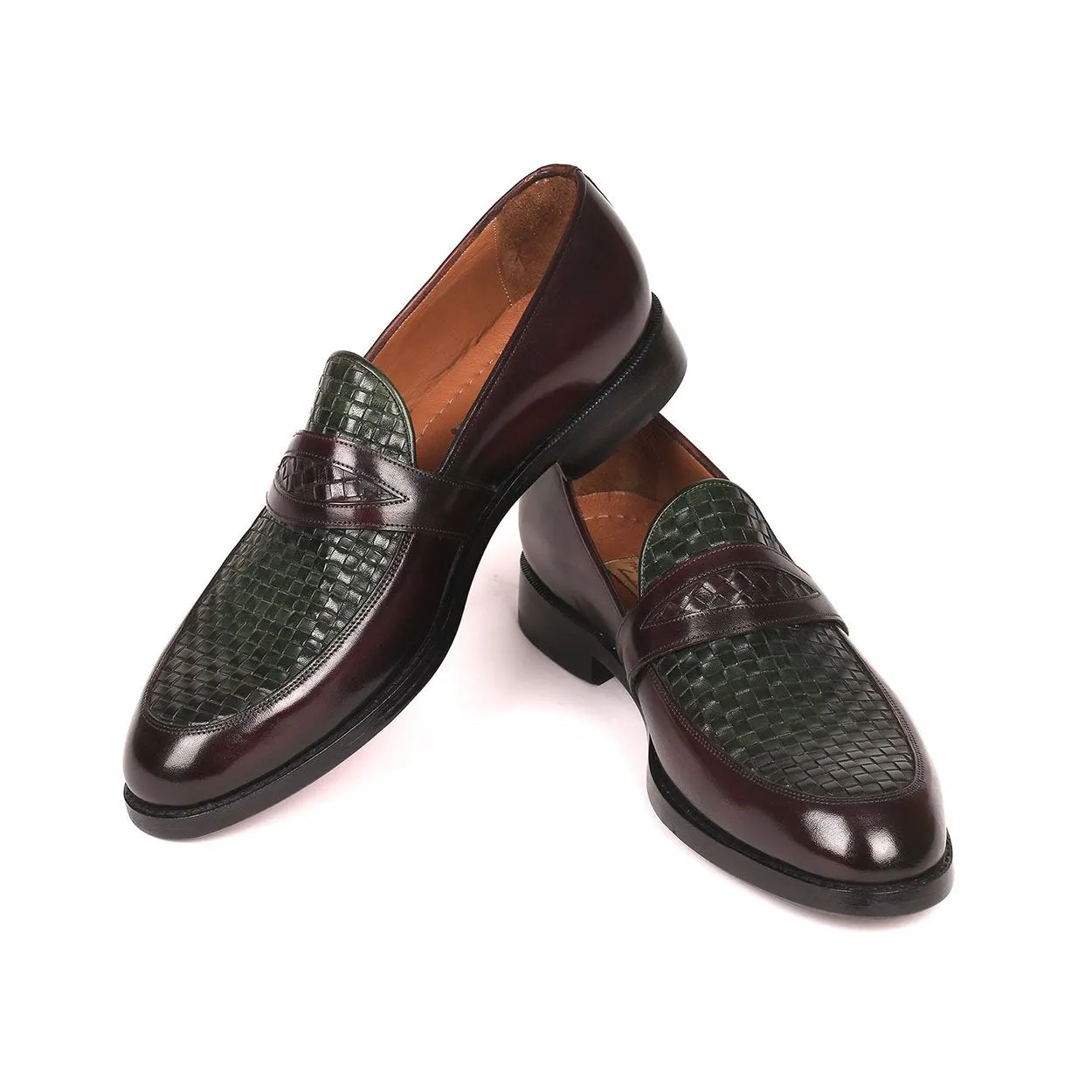 Paul Parkman Men's Shoes Green / Brown Woven & Calf-Skin Leather Slip-On Loafers 548LF832 (PM6208)