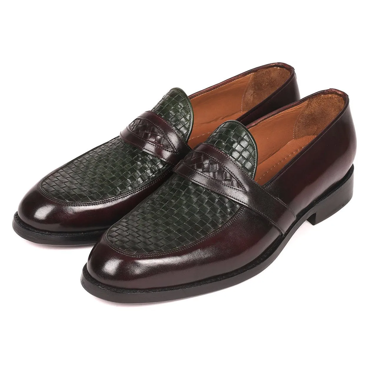 Paul Parkman Men's Shoes Green / Brown Woven & Calf-Skin Leather Slip-On Loafers 548LF832 (PM6208)