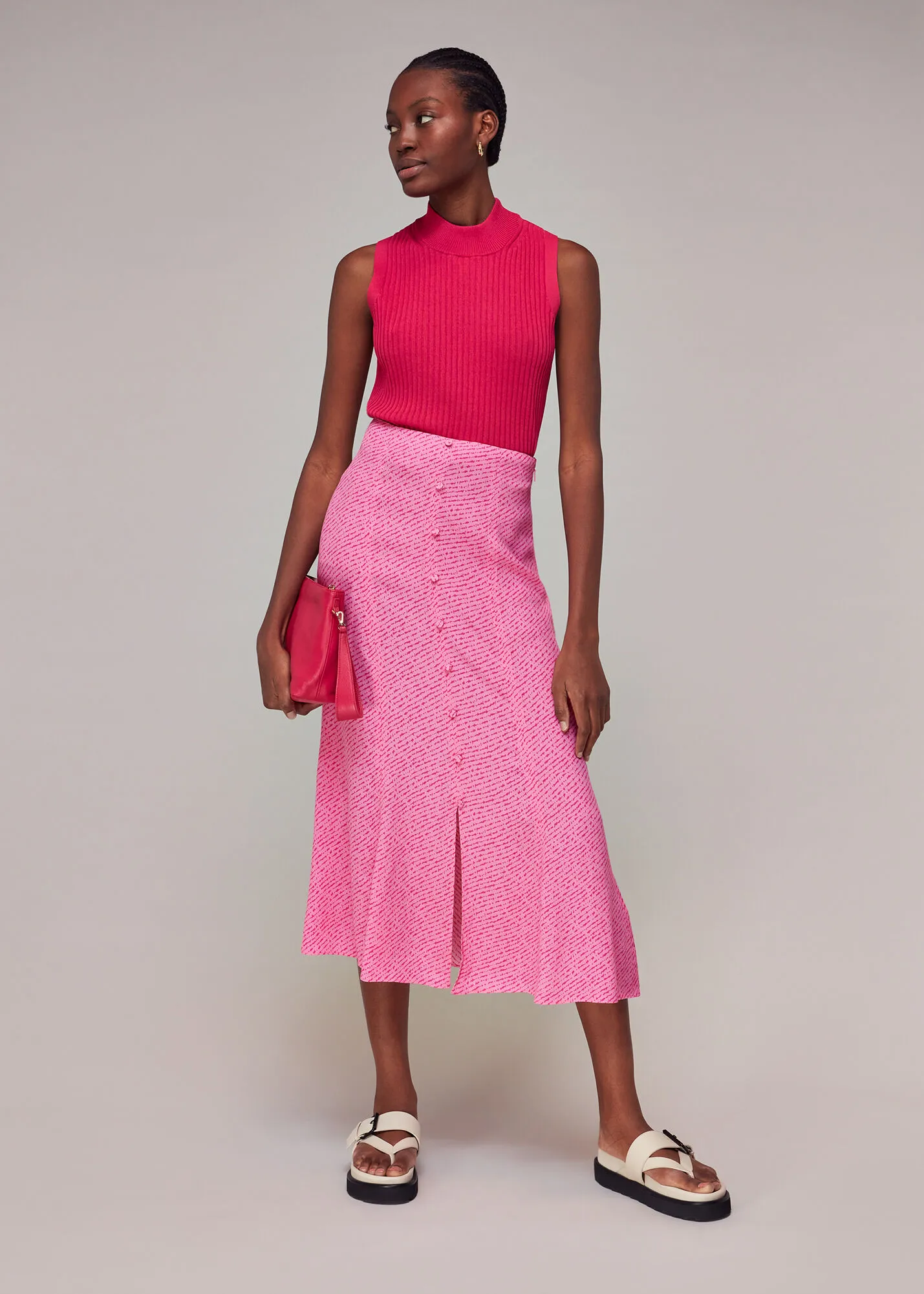 Pink Diagonal Fleck Button Skirt