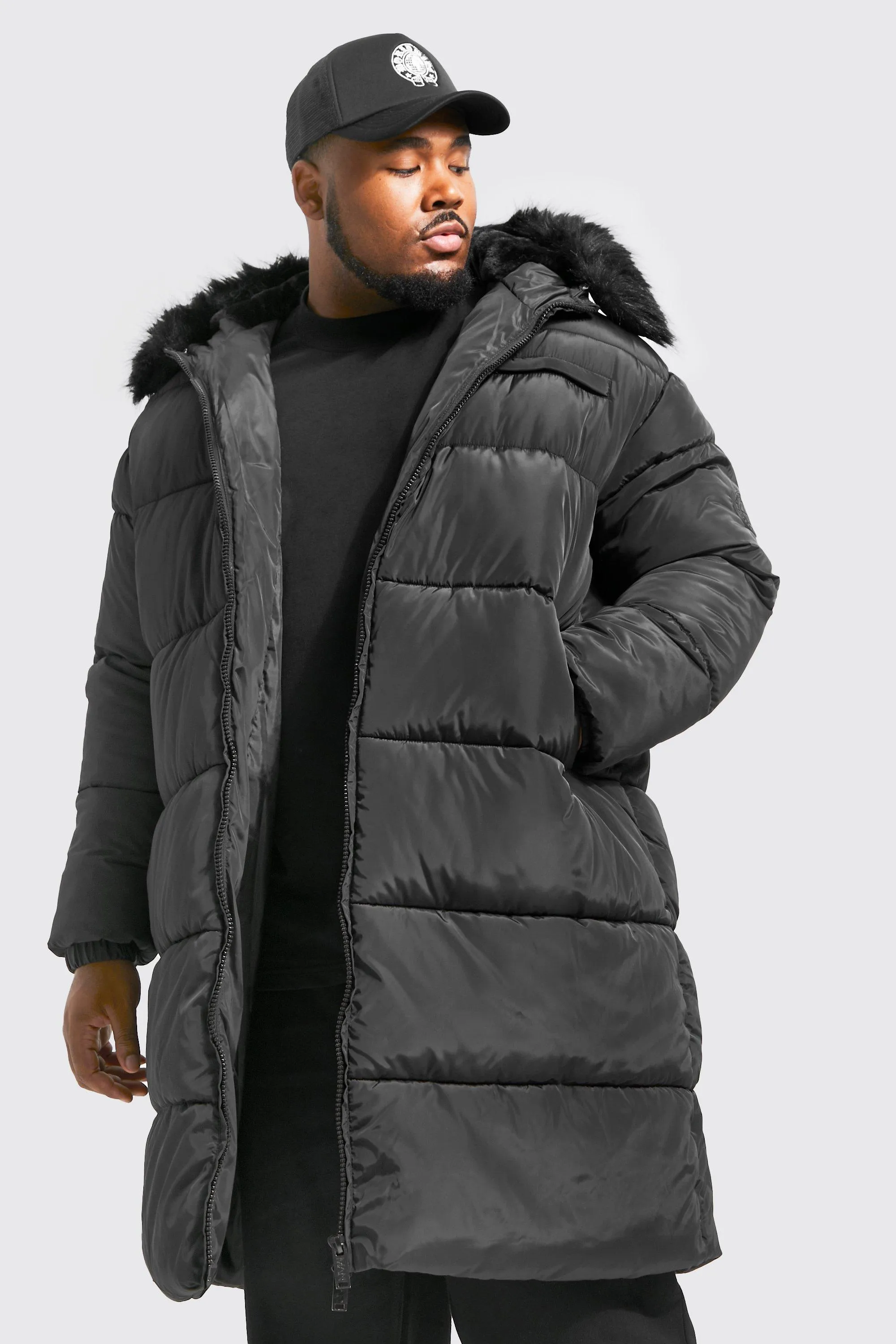 Plus Longline Faux Fur Hooded Puffer