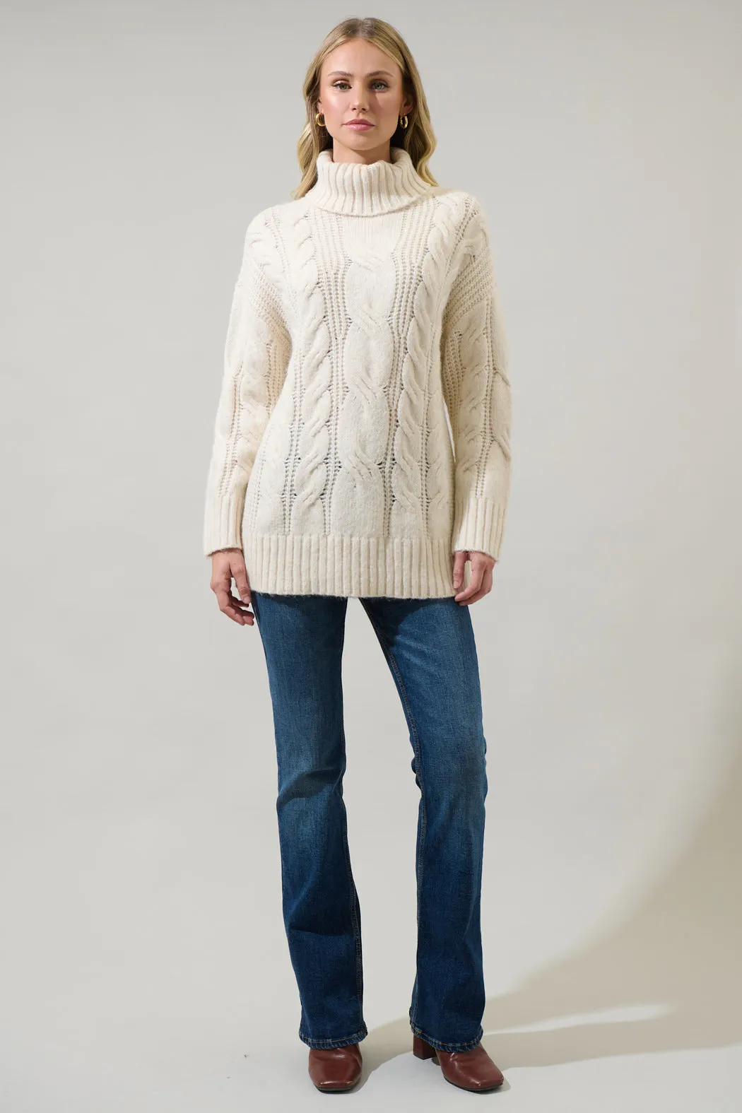 Quarry Cable Knit Turtleneck Tunic Sweater