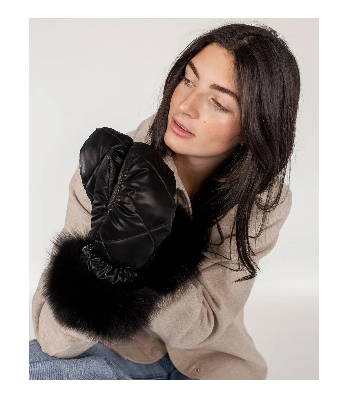 Reyna Puffer Mittens with Fox Fur Cuff: FurHatWorld.com