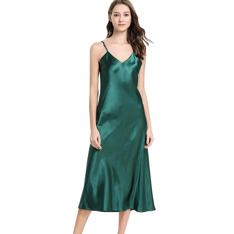 Satin Nightgown Long Slip Silk V Neck Sleepwear