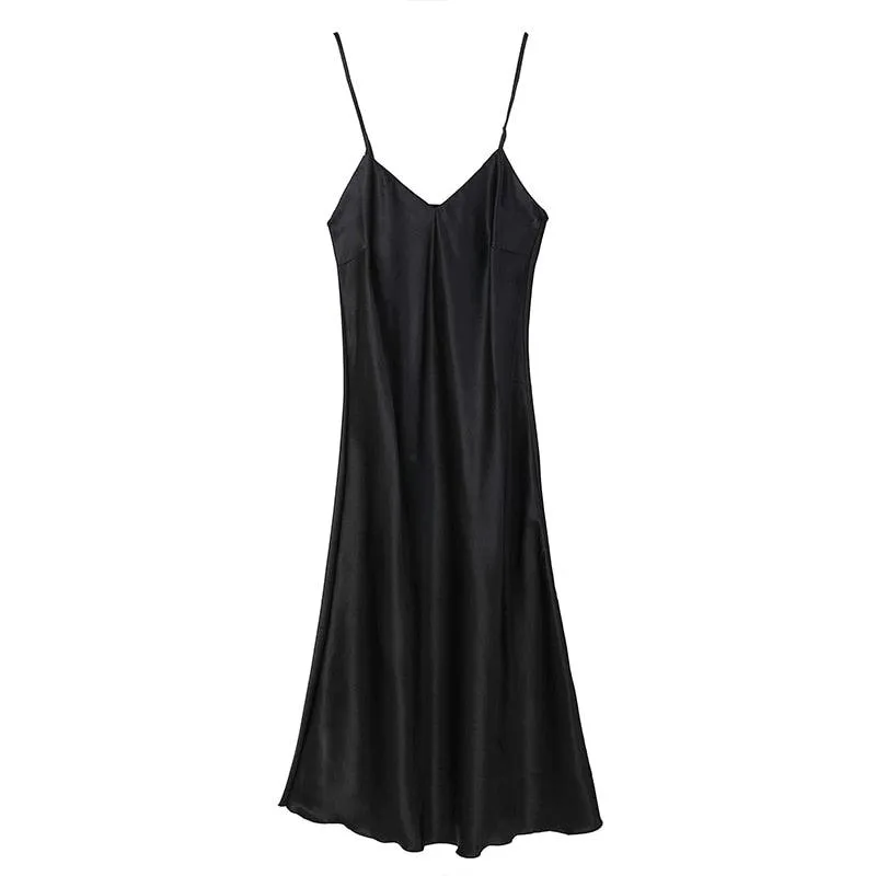 Satin Nightgown Long Slip Silk V Neck Sleepwear