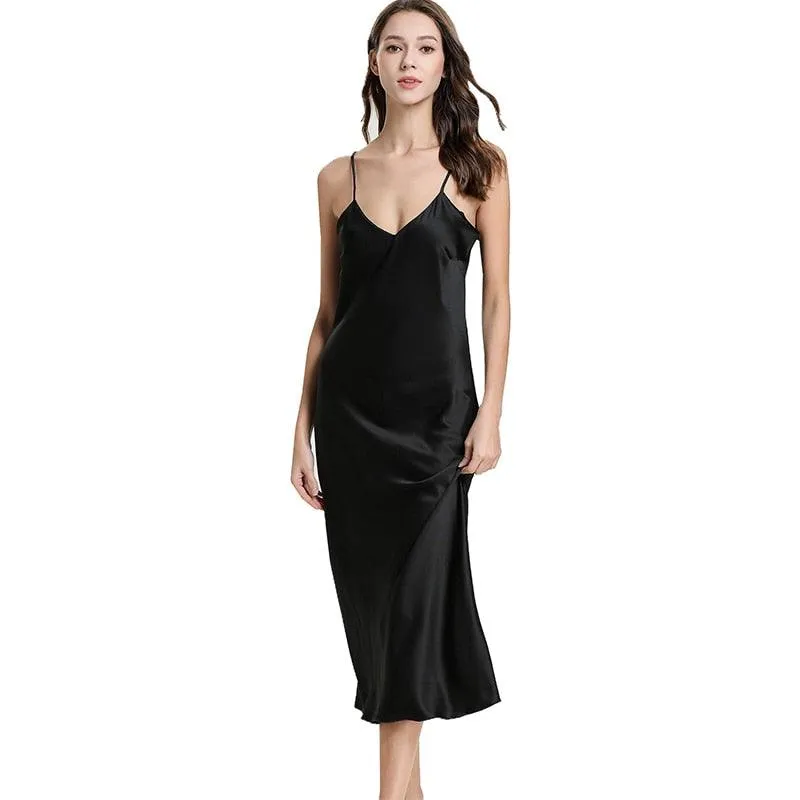 Satin Nightgown Long Slip Silk V Neck Sleepwear