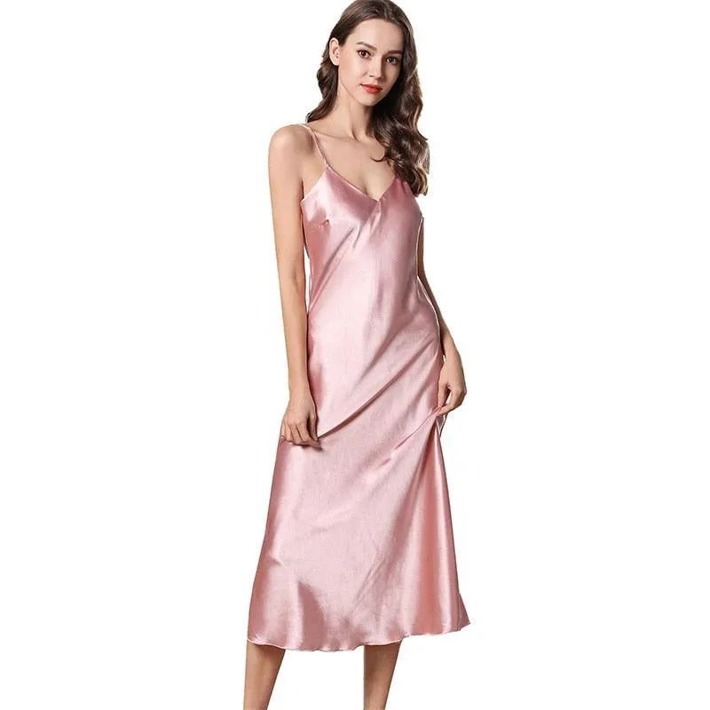 Satin Nightgown Long Slip Silk V Neck Sleepwear