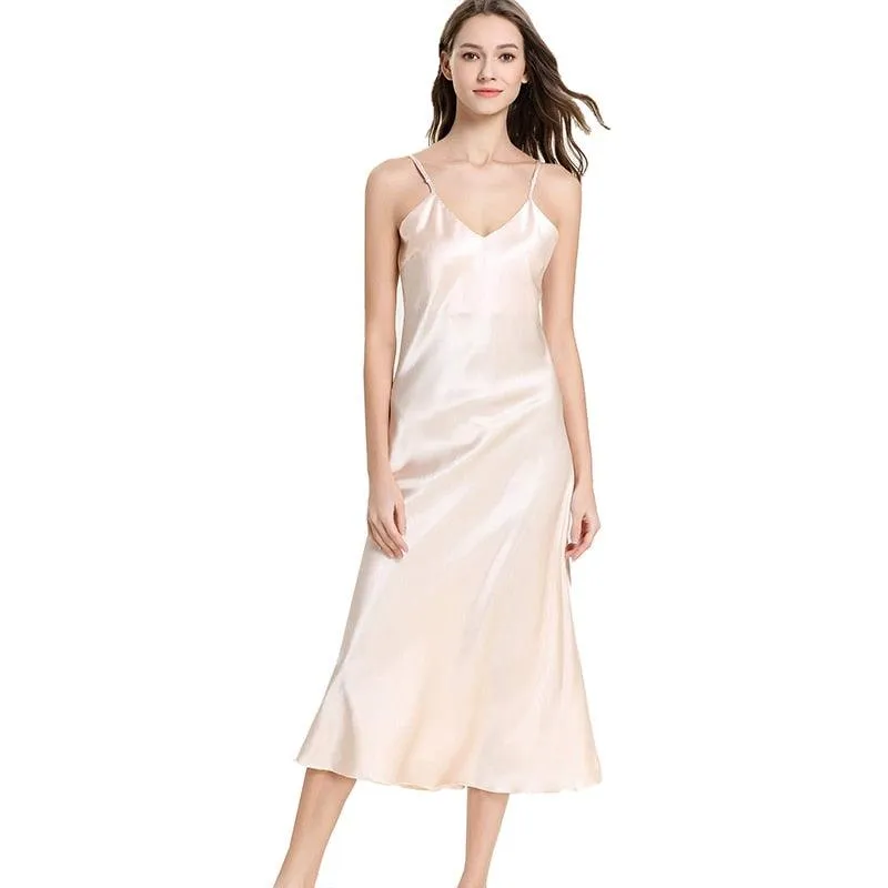 Satin Nightgown Long Slip Silk V Neck Sleepwear